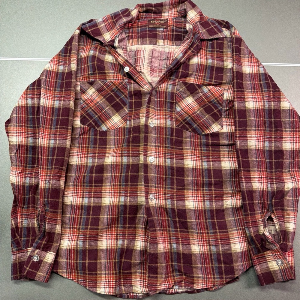 True Vintage Flannel Shirt Mens Medium Red Plaid 70s 80s Kingsport‎ Cotton